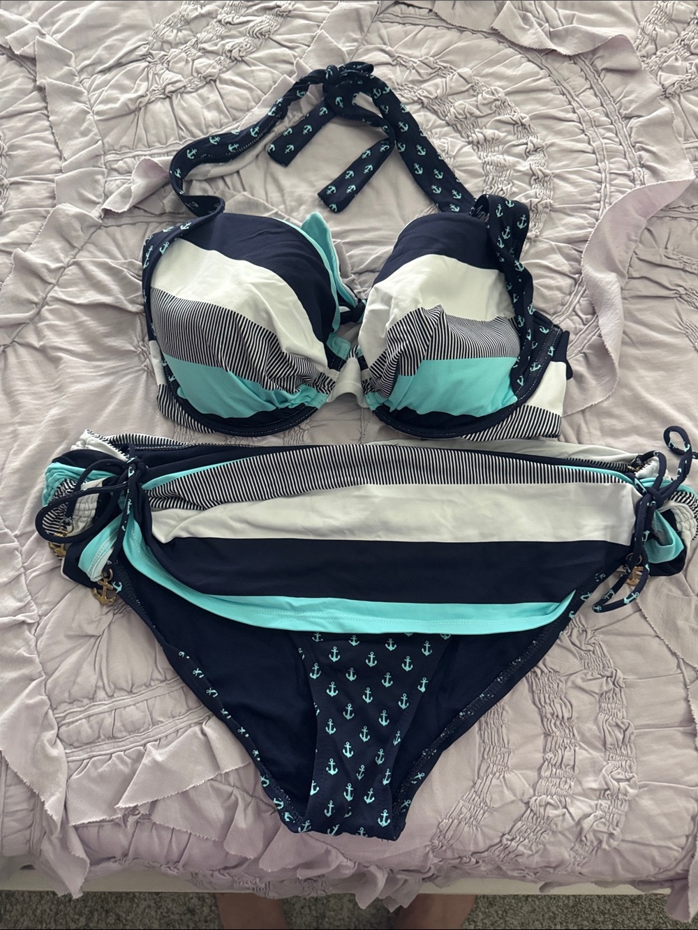 Tommy Bahama Navy, Aqua & White Striped Halter Bikini